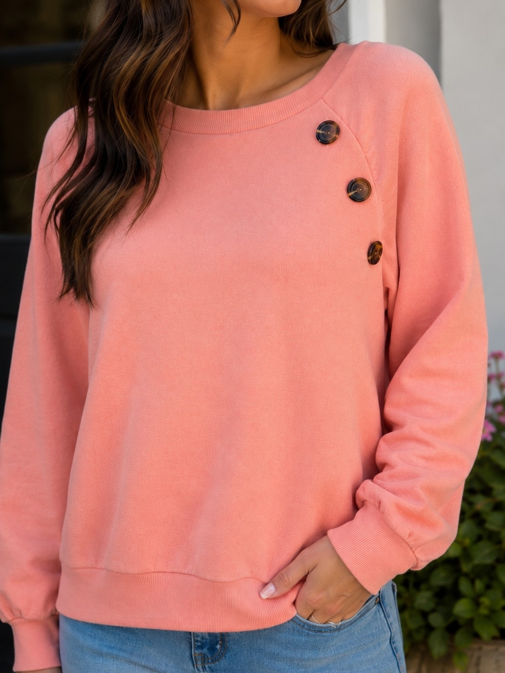 Who What Wear Pink Crewneck Sweatshirt Button Detail Long Sleeve Size L NWT